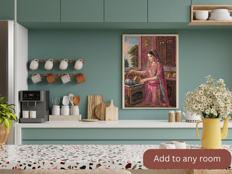 May include: A framed painting of a woman in a pink and gold dress standing in a kitchen setting. The woman is holding a teapot and pouring tea into a cup. The painting is set against a teal green wall with a shelf of mugs above it. The text "Add to any room" is at the bottom of the image.
