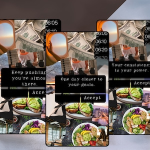 Puede incluir: Un collage de imágenes en una pantalla de teléfono. La imagen superior muestra a una persona levantando pesas, con dinero y una puesta de sol de fondo. Las superposiciones de texto dicen: "Sigue esforzándote, ya casi llegas", "Un día más cerca de tus metas", y "Tu constancia es tu poder".