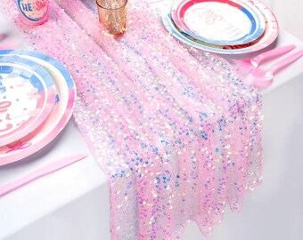 Glitter Sequin 72in Table Runner for Mermaid Party | Iridescent Elegant Party Decoration for Birthday Baby Shower Bridal Showere