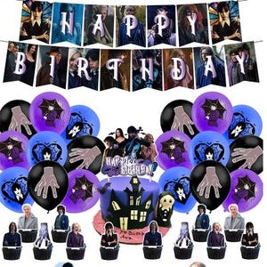 Addams Family Wednesday Inspired Birthday Balloon Set Banner Cake Toppers w Backdrop | 33 Piece Gothic Birthday Party Decorations Unisex DIY