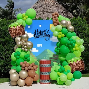 Video Game Inspired Green Gold Brown Pixel Craft Birthday Balloon Arch Garland | 133 Piece Party Decorations DIY Backdrop for Kids Son