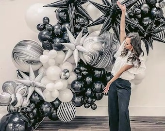 Black & White Marble Stripe Star Balloon Arch Garland | 137 Piece Party Decorations DIY Backdrop Birthday Formal Graduation Special Event