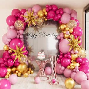 Guirnalda de arco de globos de confeti rosa intenso y dorado / 148 piezas de decoraciones para fiestas, fondo DIY para cumpleaños de niña, baby shower, despedida de soltera