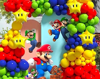 Super Mario Luigi Inspired Colorful Gold Star Balloon Arch Garland | 213 Piece Party Decorations DIY Backdrop for Kids Son Boy Birthday