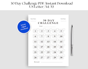 30 Day Challenge Printable, 30 Day Goal Tracker, Monthly Goal Planner, 30 Day Habit Tracker, Printable Journal Page, 30 Day Fitness Tracker