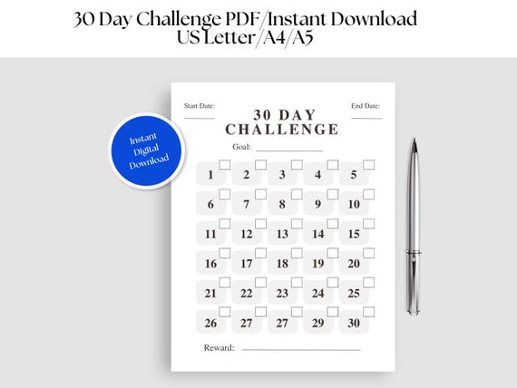 30 Day Challenge Printable, 30 Day Goal Tracker, Monthly Goal Planner, 30 Day Habit Tracker, Printable Journal Page, 30 Day Fitness Tracker