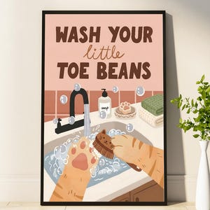 Cat Bathroom Art, Funny Bathroom Cat Print, Wash Your Little Toe Beans Wall Art, Home Decor