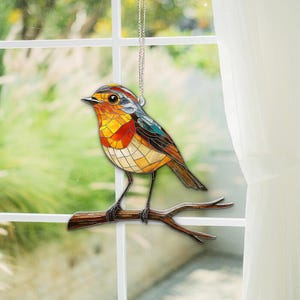 Robin Bird ACRYLIC Window Hanging Bird Flower Natural Art Birthday Gift Gifts For Mom Grandma Bird Gardening Lover Gift
