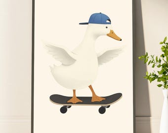 Silly Goose Print, Silly Goose Wall Art Print, Boy Nursery Decor, Toddler Boy Art, Farm Animal, Skateboard, Kids Room, Cottage Core Decor