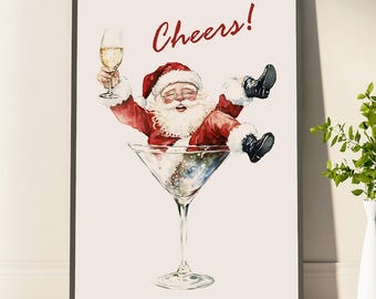 Cheers Santa Claus Poster Funny Retro Christmas Wall Art Vintage Holiday Cocktail Print Santa Martini Bar Cart Decor