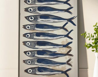 Sardine Painting Poster Antique Still Life Fish Art Vintage Sea Life Print Wall Decor For Fish Restaurant Nautical Fish Coastal Home Art
