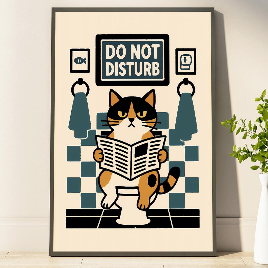 Grumpy Cat Reading Newspaper on Toilet Poster Funny Cat Wall Art ...