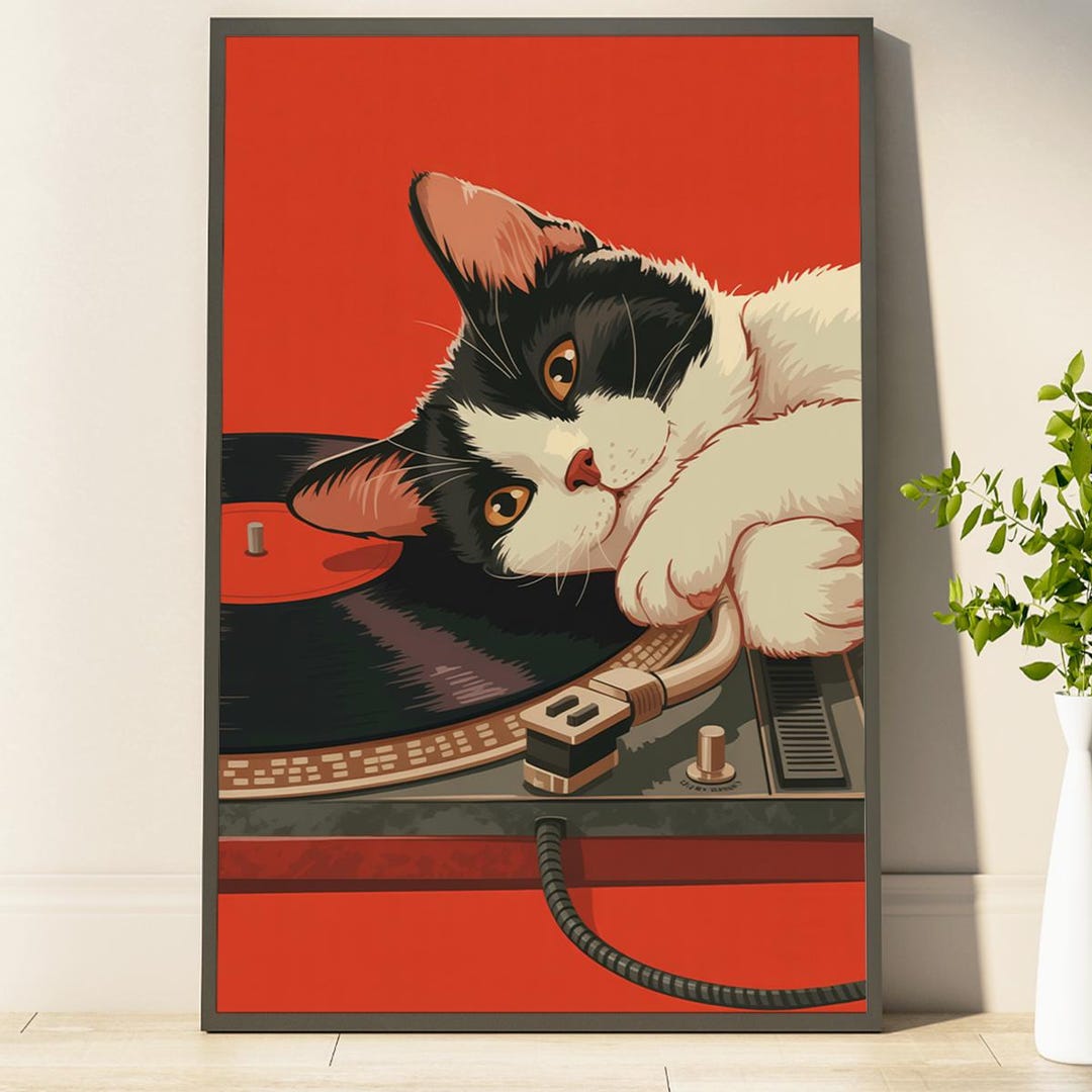 Retro Cat Poster, Cute Cat Poster, Gift for Music Lovers, Vintage Vinyl ...
