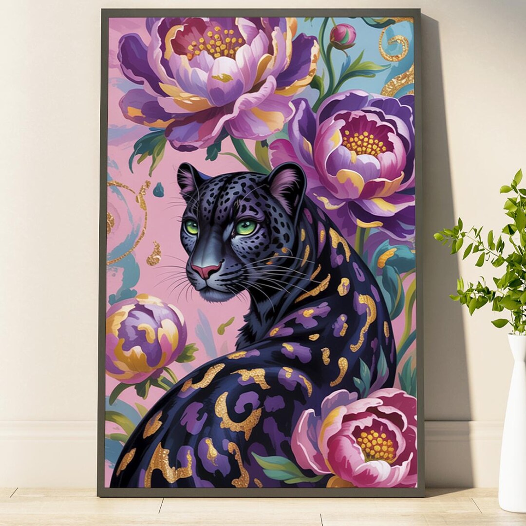 Majestic Black Panther Art Print Vibrant Floral Decor for Animal Lovers ...