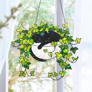 Black Cat Sleeping On Ivy Hologram Ornament Cat ACRYLIC Window Hanging Plant Lover Gift Ivy Plants Decor Home Cozy Cat Decor Gifts For Mom