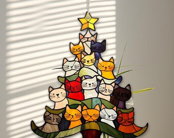Cat Christmas Tree Ornament Acrylic Window Hanging For Cat Lovers Hanging Ornament For Cat Lovers Cat Decor Christmas Gifts
