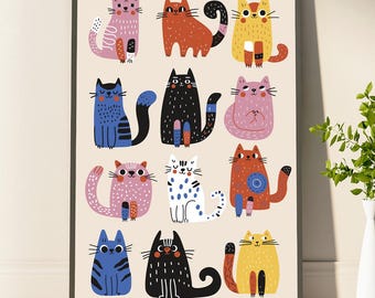 Whimsical Cat Art Print Poster Abstract Cat Wall Art Modern Pop Art Cats Print Whimsical Animal Poster Colorful Cat Wall Art Home Decor