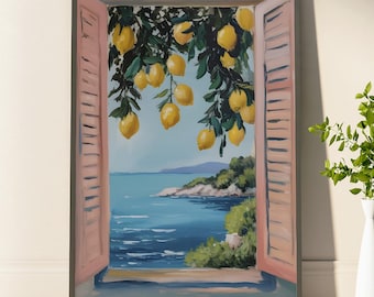 Abstract Coastal Lemon Poster Italian Botanical Print For Dopamine Kitchen Decor Trendy Floral Poster For Aesthetic Coquette Room Decor