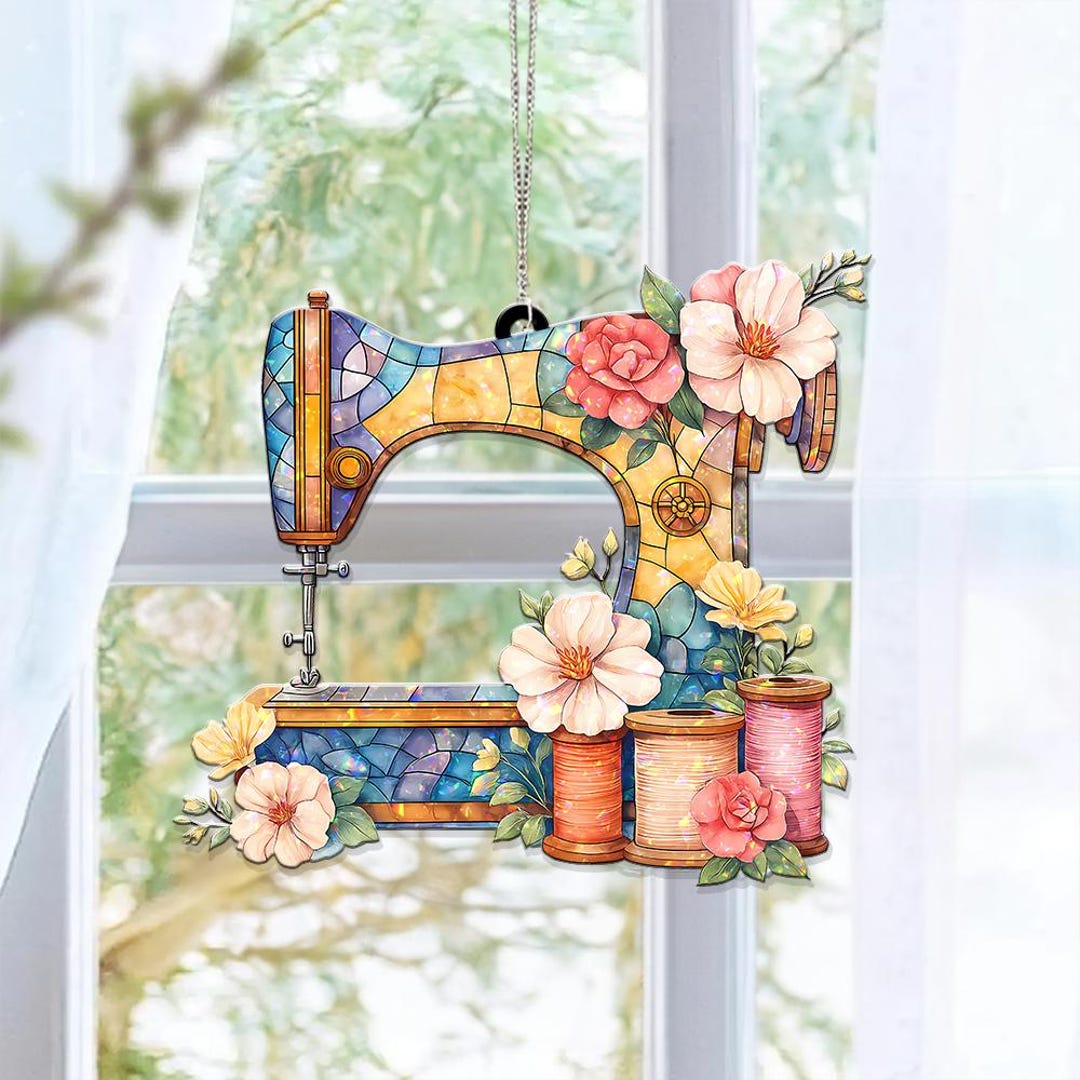 Sewing Machine Ornament Wild Flower Sewing Machine Acrylic Window Decor ...