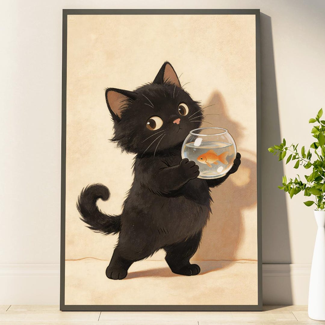 Funny Black Cat Abstract Black Cat and Fish Poster Cute Animal Wall ...