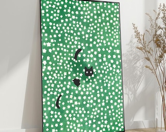 Cat Wall Art Poster Cat Print Black Cat In Daisies Meadow Hand Drawn Poster Cute Animal Pop Illustration Aesthetic Wall Decor Home