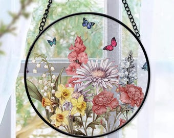 Custom Family Birth Flowers Glass Suncatcher Custom Mom's Garden Gift Flower Glass Art Birth Flower Gift For Nana Mother's Day Gift For Mom