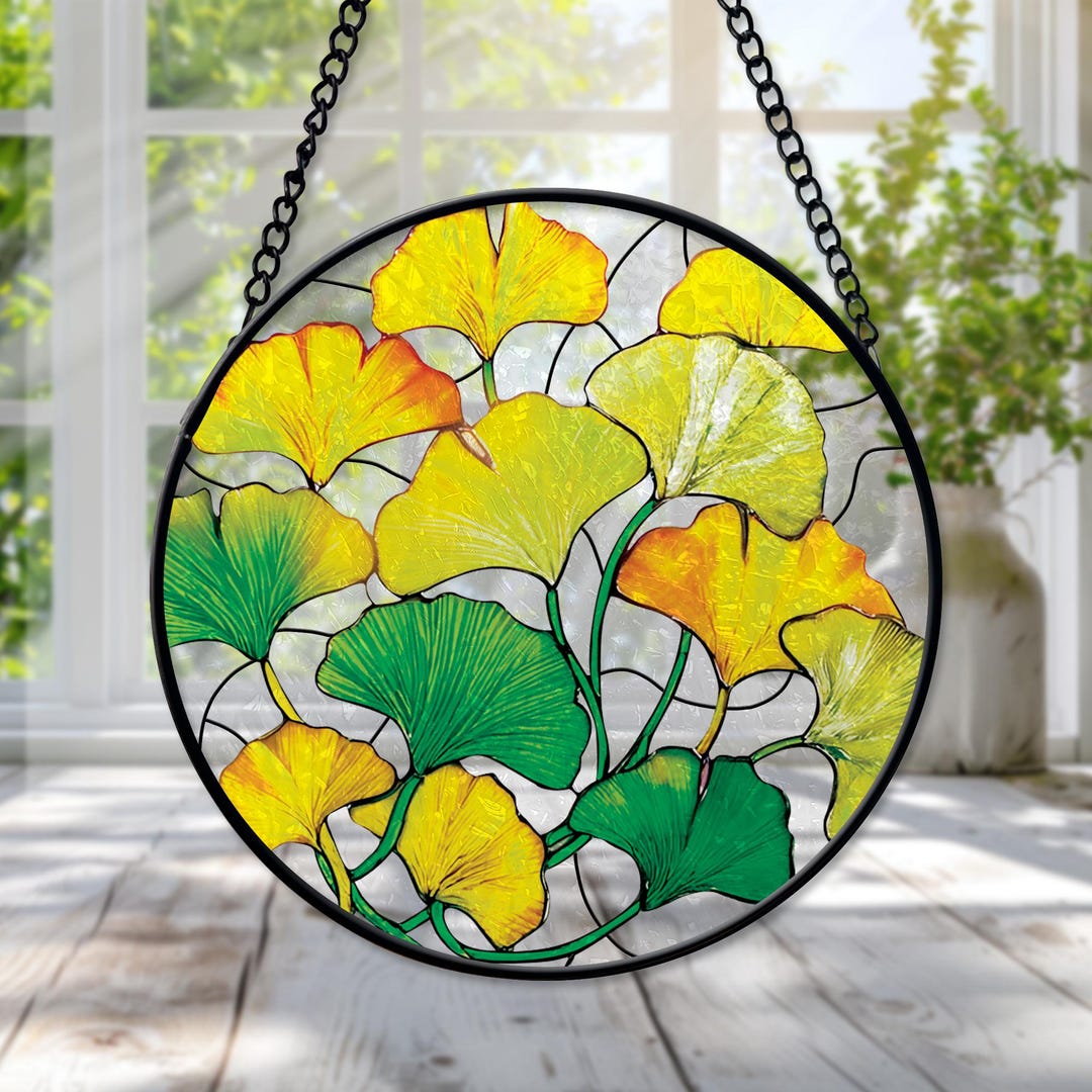 Gingko Window Ginkgo Leaf Stained Glass Suncatcher Yellow Ginkgo Window Hanging Art ...