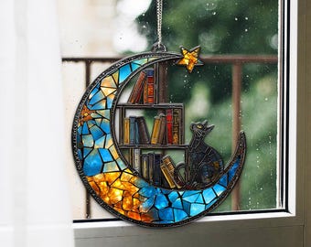 Cat Book On The Moon Acrylic Window Hanging Book Window Decor Book Lover Gifts Book Ornament Indoor Decor Librarian Gifts