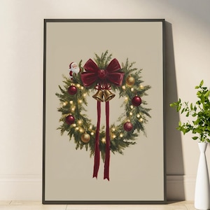 Burgundy Bow Christmas Poster Wreath Wall Art Rustic Holiday Print Cozy Winter Greenery Decor Farmhouse Christmas Artwork
