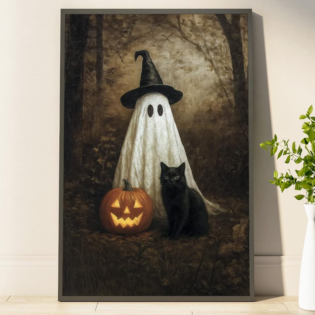 Vintage Halloween Print Poster Cute Ghost & Black Cat in Dark Fall ...