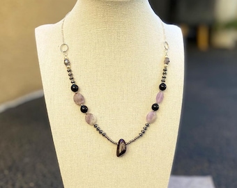 Amethyst Obsidian Crystal Necklace for Healing & Protection Handmade Beaded Purple Stone Jewelry Gift for Friend Meditation Chakra Jewelry