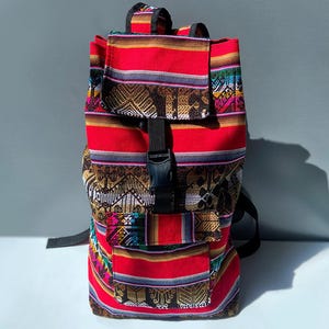 Peruvian Aguayo Cloth Backpack Woven Textiles Made in Peru Incan Shamanic Power Animals Red Boho Travelers Daypack Carry on Bag for Students