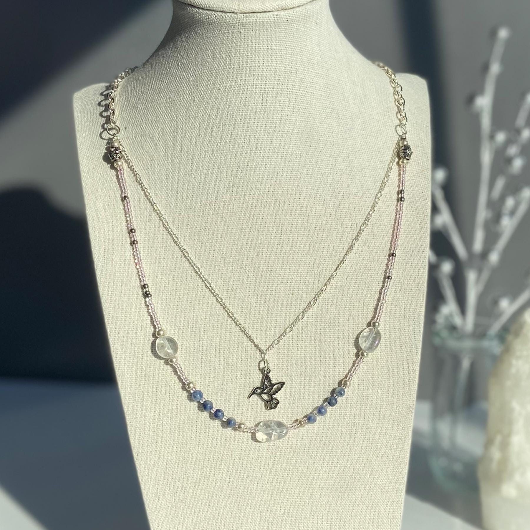 Hummingbird Necklace with Quartz Crystal Sodalite Handmade Mystical Jewelry Shamanic Healing Mystical Gift for Balance Spiritual Jewelry
