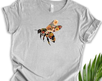 Maglietta a forma di ape con fiori, ispirata alla natura, per amanti della natura, giardinaggio, ambientalista, sostenibile, boho, per amanti delle api eco-consapevoli