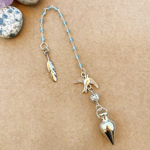 Blue Topaz Pendulum Dowsing Tool Divination Crystal Energy Work Reiki Practice Spiritual Chakra Healing Energy Balancing Dove Charm Feather