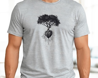 Valentijnscadeau boom hart shirt natuur geïnspireerd botanisch ontwerp spirituele kunst meditatie kleding milieuvriendelijk aarde bewuste planeet minnaar