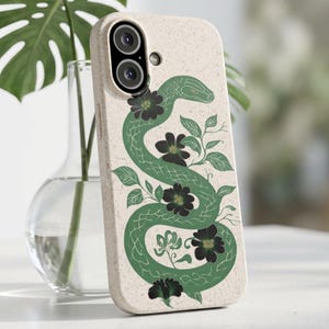Snake iPhone 18 Case Biodegradable Phone Cover Eco Conscious Serpent Flower Tattoo Illustration Reptile Gardening Gift for Nature Lover