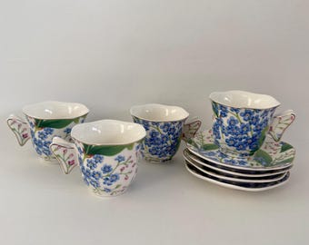 Blue Floral Fine Porcelain Espresso Mugs With Plates Set of 4 New