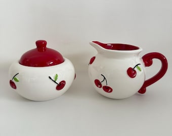 Cherry Red Ceramic Creamer and Sugar Set New