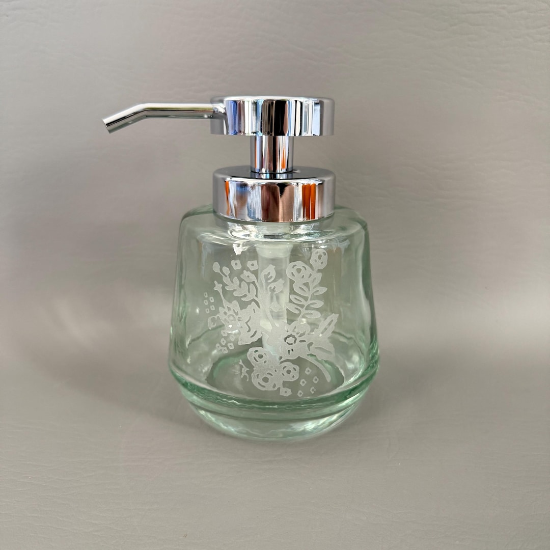 Green Glass Floral Liquid Soap Dispensar Pump New