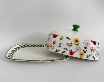Floral Green Fine Porcelain Butter Dish New