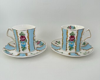 Light Blue Fine Porcelain Espresso Mugs With Plates Set of 2 New