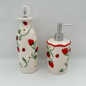 Strawberry Oil Dispenser and Soap Dispenser Pump Ceramic Set New