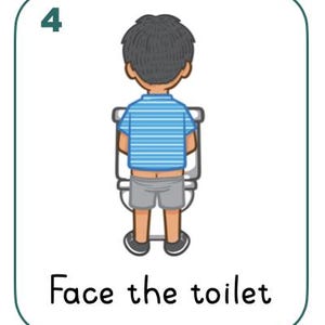May include: Cartoon illustration of a child facing a toilet, wearing a blue striped top and grey shorts. The number 4 is in the top left corner. The text "Face the toilet" is at the bottom of the image.