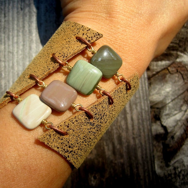 Handmade Boho Leather and Gemstone Cuff Bracelet - Imperial Jasper