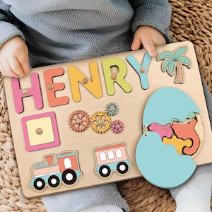 Casse-tête nom personnalisé en bois, carte occupée, casse-tête Montessori, cadeau pour tout-petit, 1er anniversaire, baby shower et cadeau de Pâques
