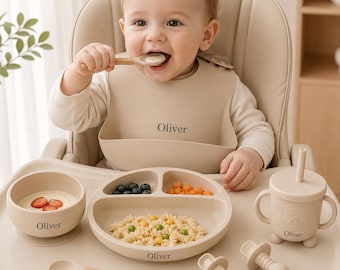 Custom Feeding Set with Name, Engraved Silicone Baby Weaning Set, Personalized Weaning Set, Toddler Bowl & Bib, Baby Plate, Baby Shower Gift