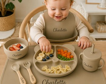 Personalized Silicone Baby Dinnerware Set,Suction Plate Bowl Cup Set, Custom Name Toddler Feeding Set,  First Birthday Gift