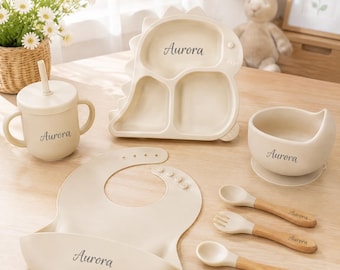 Personalized Baby Feeding Set, Silicone Dinnerware Set with Name, Dinosaur Plate Bib Cup Bowl Spoon Fork, Custom Baby Shower Gift