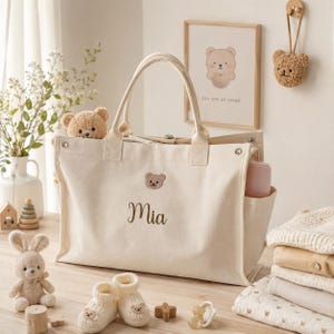 Personalized Diaper Bag – Custom Embroidered Name Mom Tote, Large Canvas Baby Bag, Lightweight Stroller Organizer, Baby Shower Gift for Mom